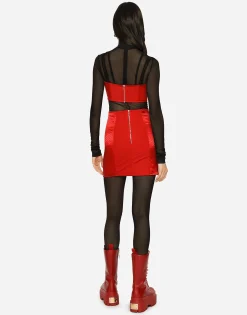 Satin miniskirt with hook-and-eye fastenings
