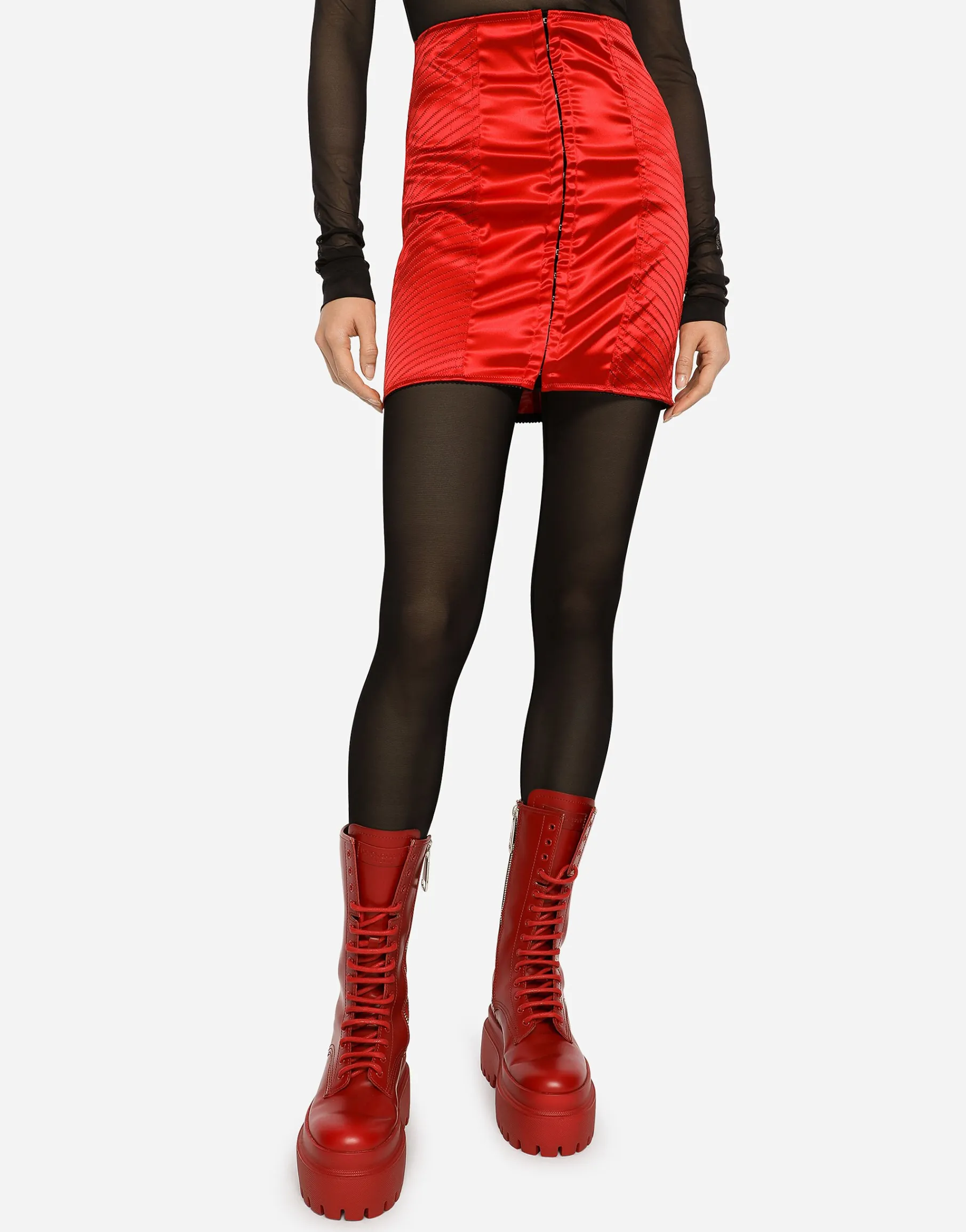 Satin miniskirt with hook-and-eye fastenings