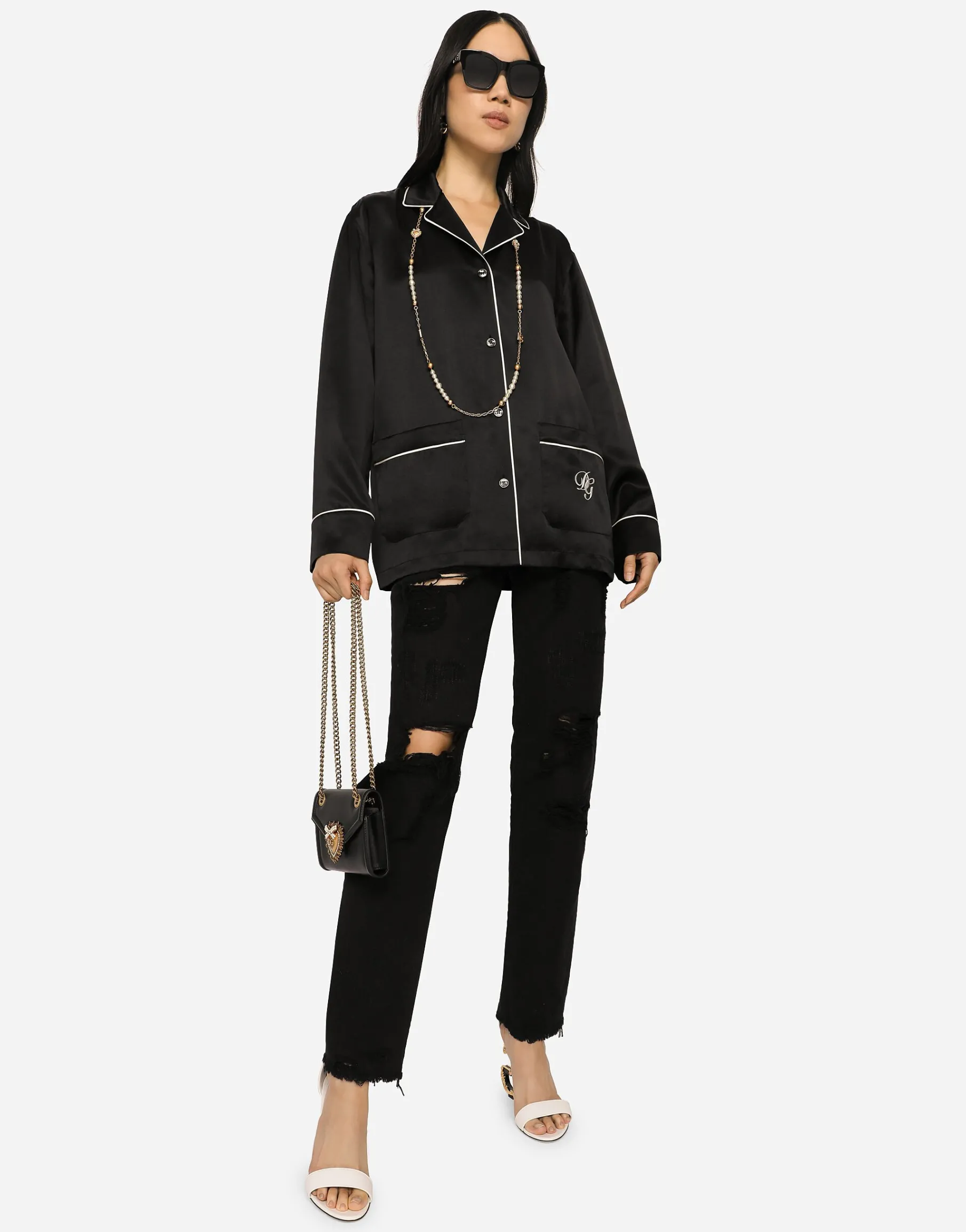 Satin pajama shirt with DG embroidery