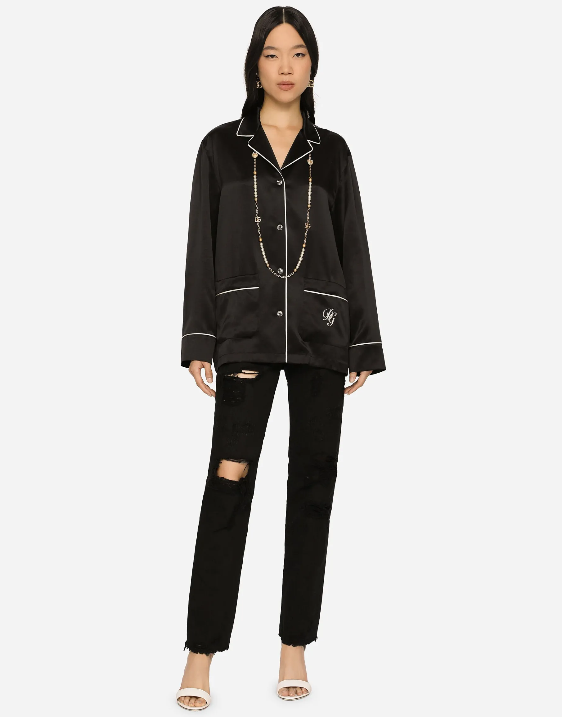 Satin pajama shirt with DG embroidery