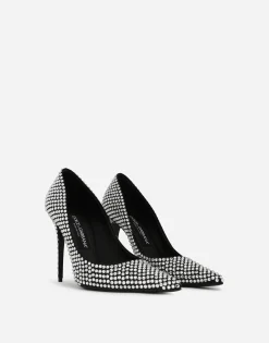 Satin pumps with fusible rhinestones