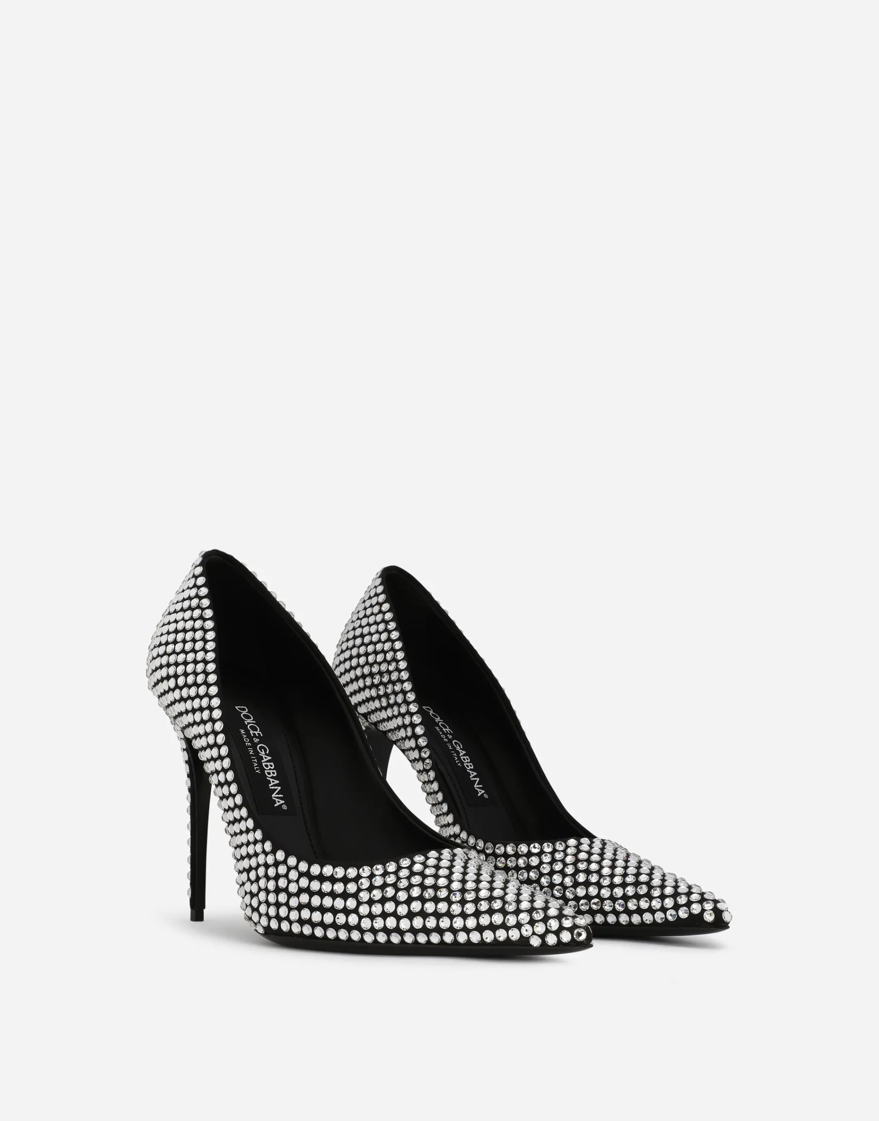 Satin pumps with fusible rhinestones