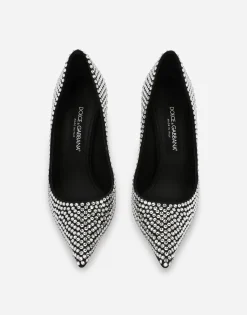Satin pumps with fusible rhinestones