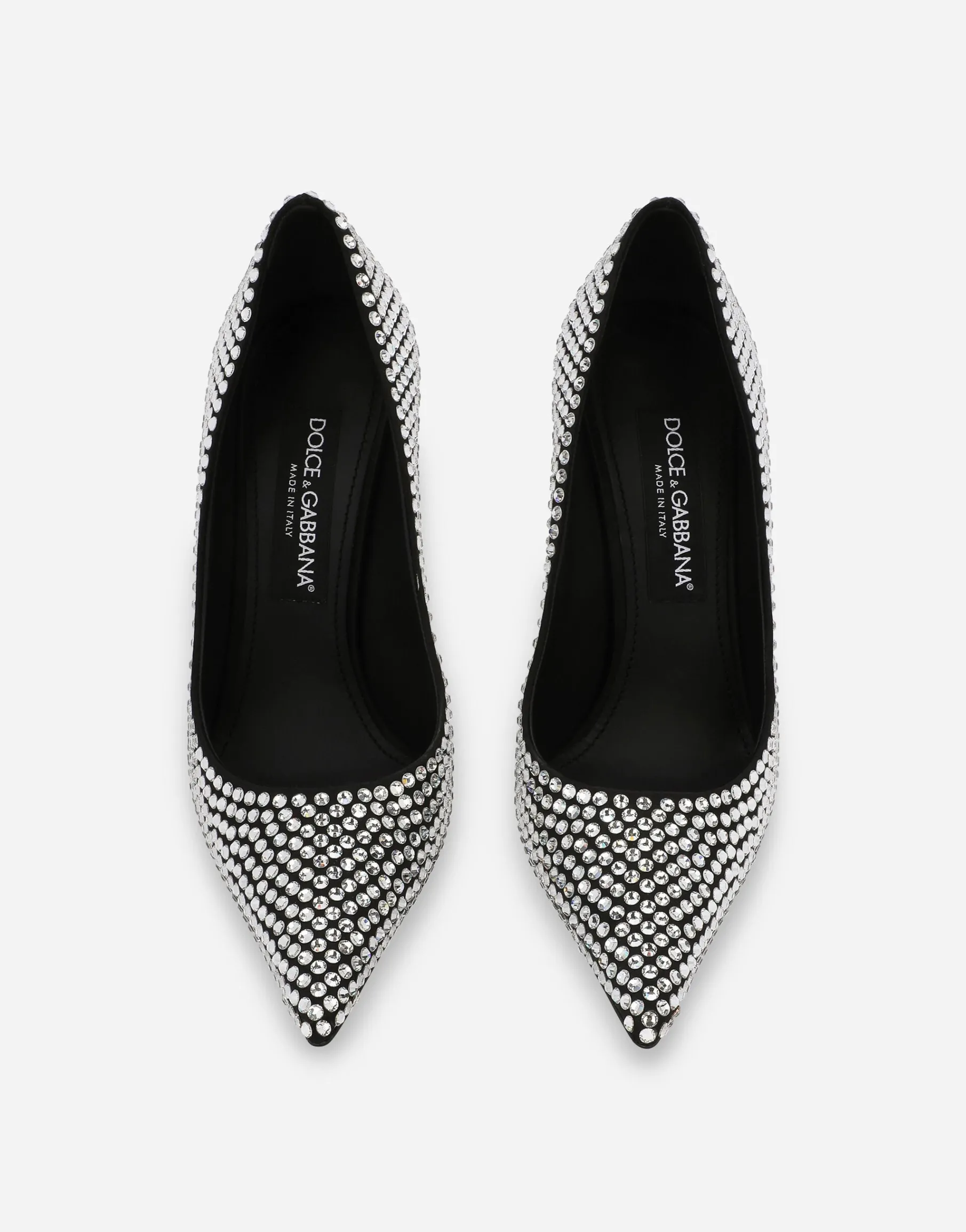 Satin pumps with fusible rhinestones