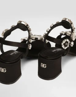 Satin sandals with gemstone embellishment