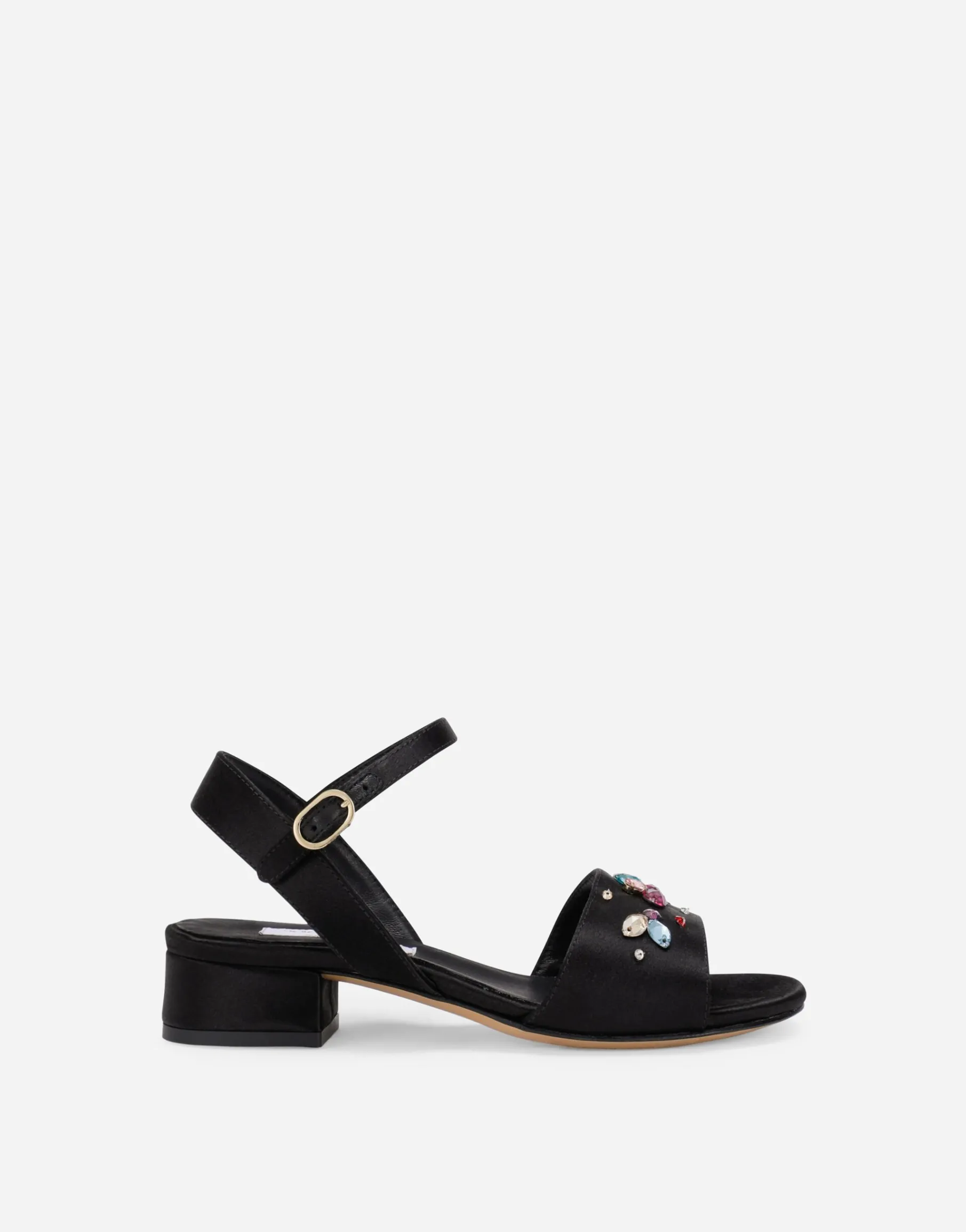 Satin sandals with multi-colored crystals