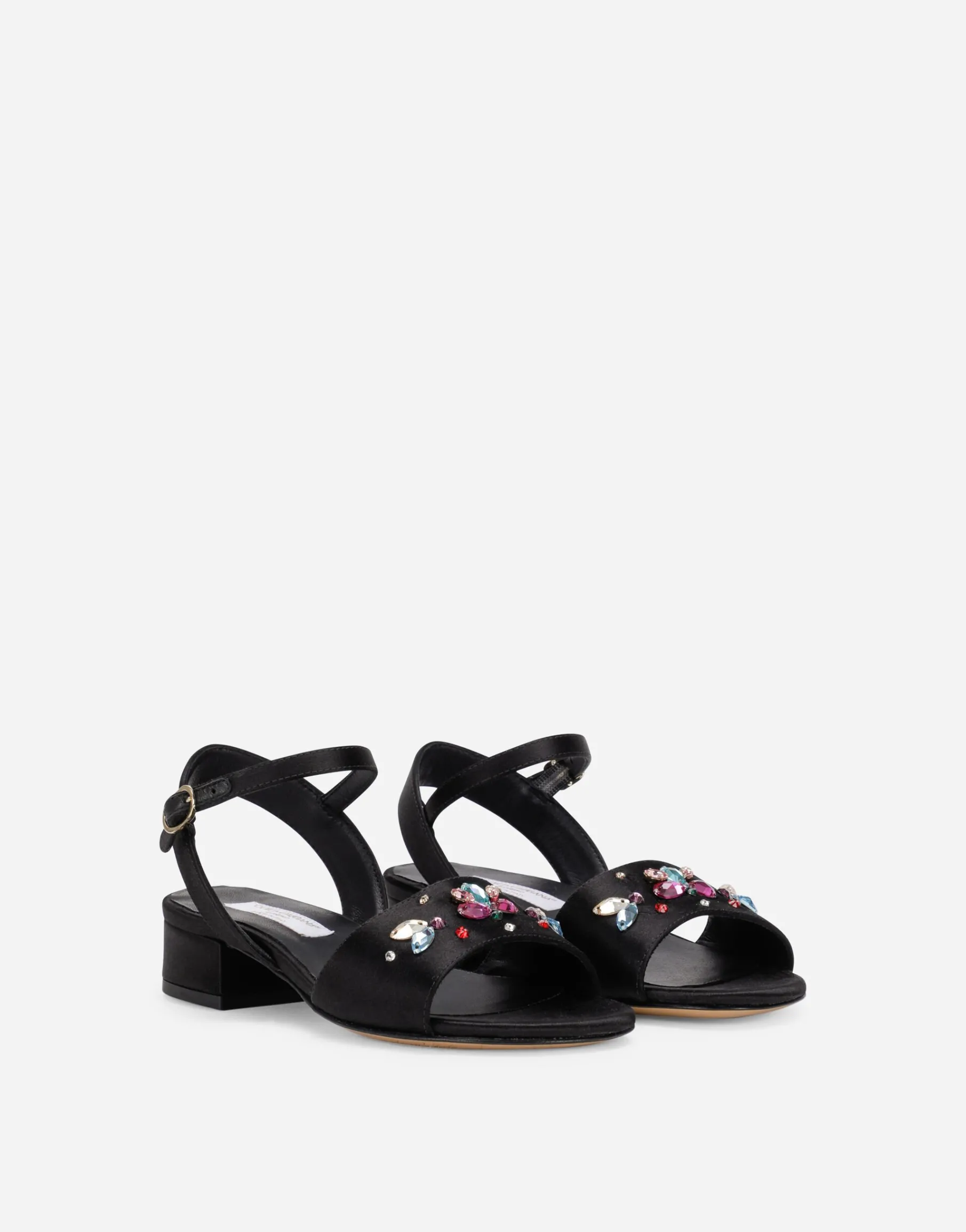 Satin sandals with multi-colored crystals