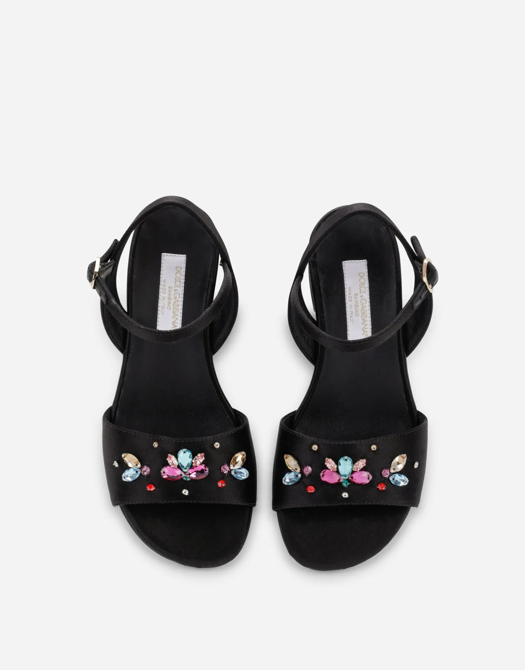 Satin sandals with multi-colored crystals