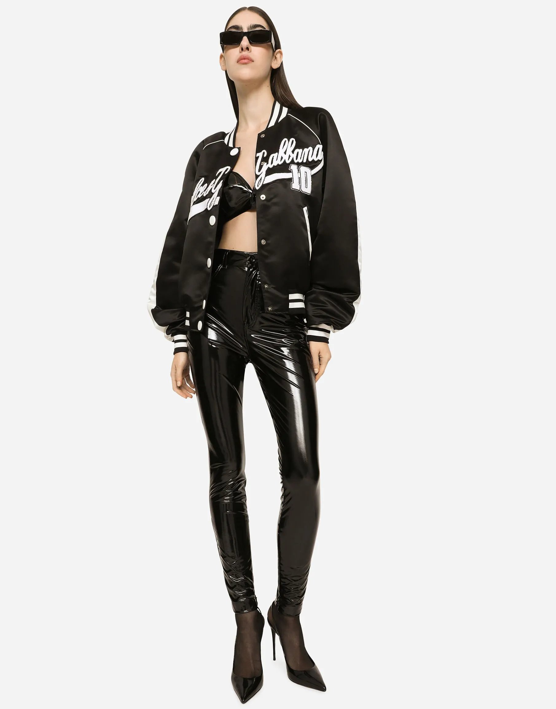 Satin varsity bomber jacket with Dolce&Gabbana embroidery