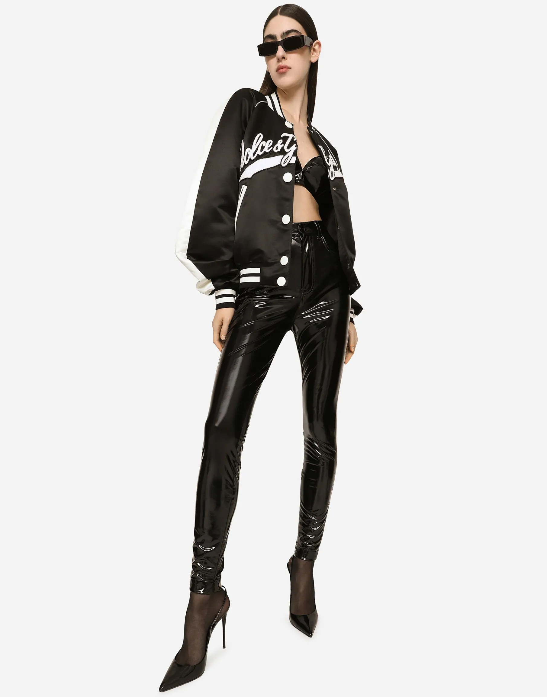 Satin varsity bomber jacket with Dolce&Gabbana embroidery