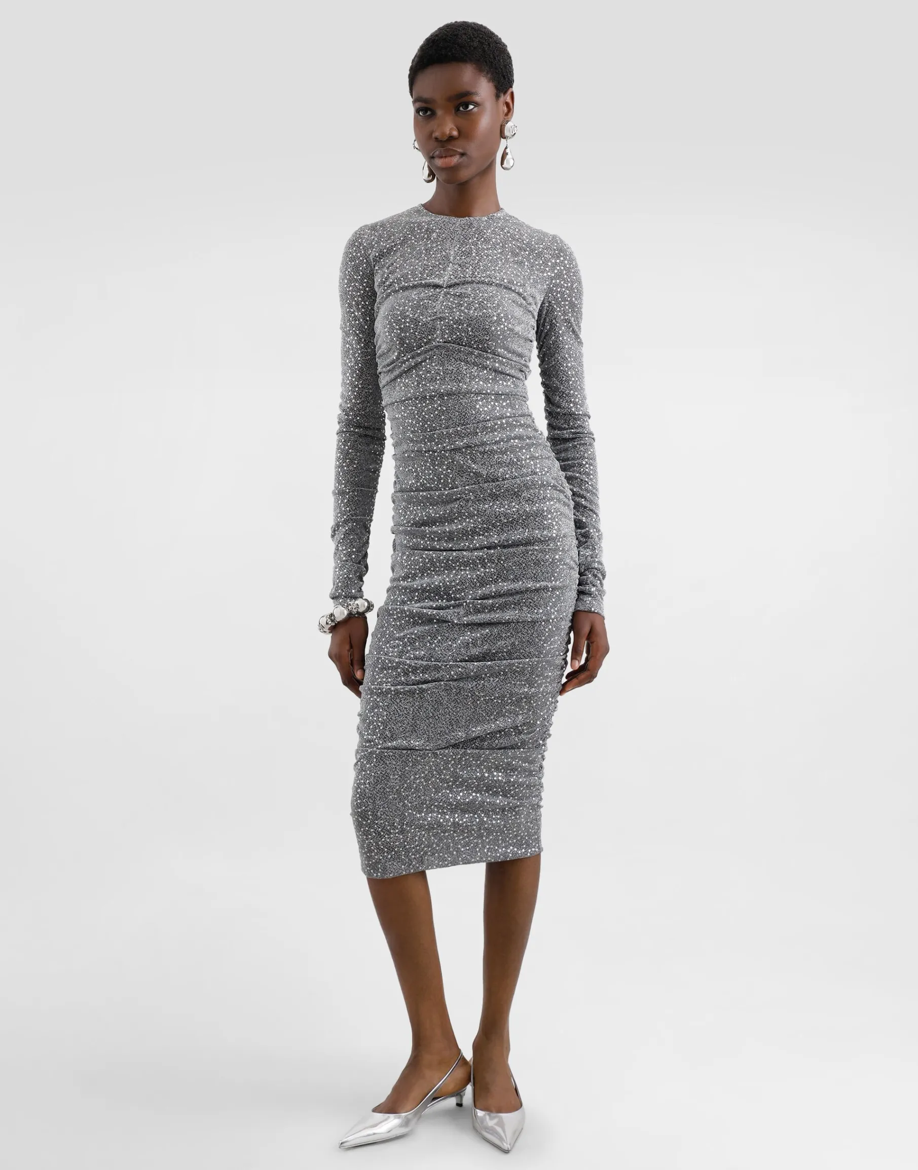 Sequined draped calf-length dress