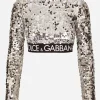 Sequined top with branded elastic