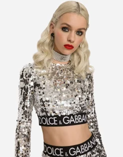 Sequined top with branded elastic