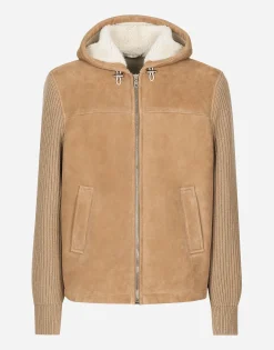 Sheepskin jacket with knit inserts and hood