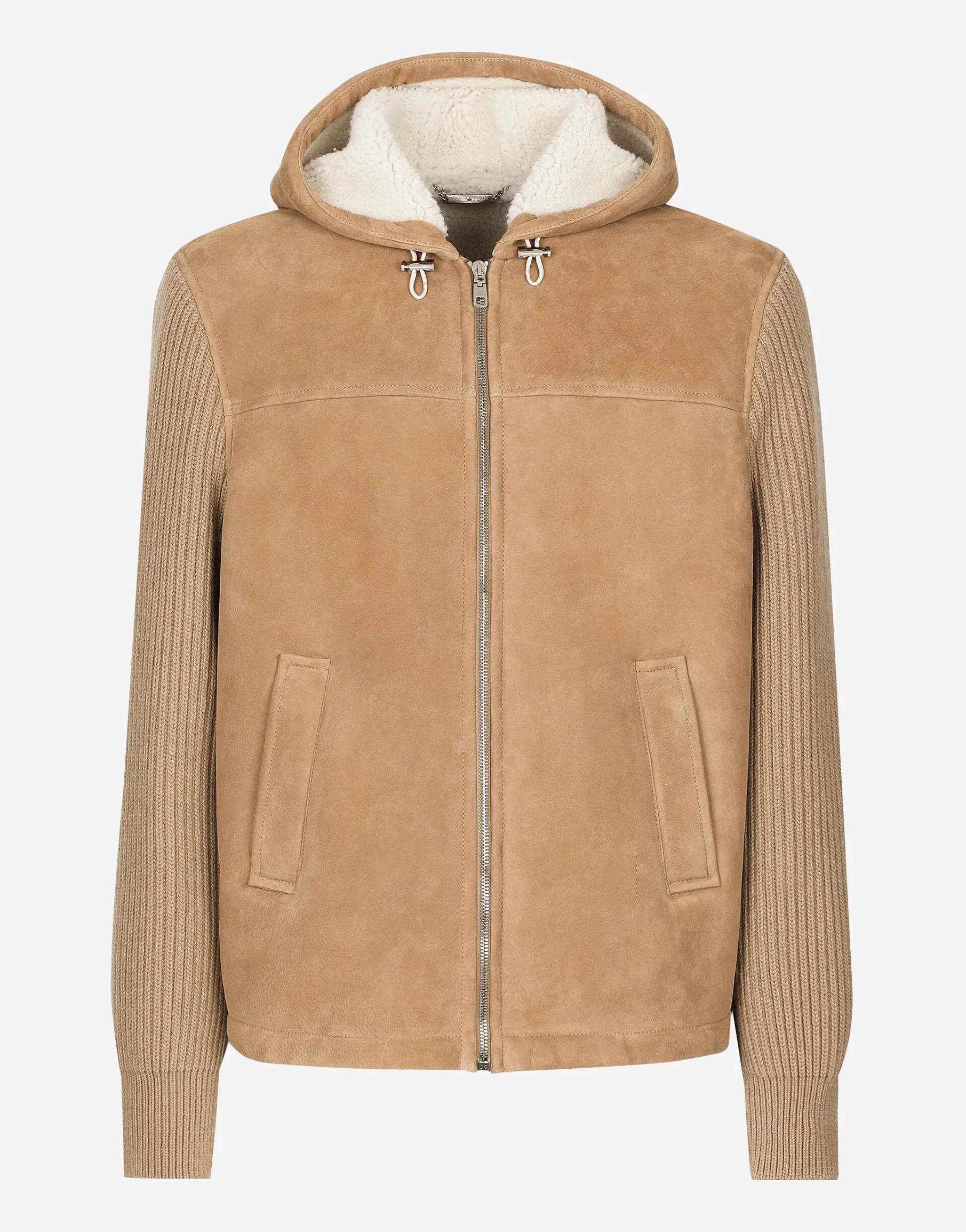 Sheepskin jacket with knit inserts and hood