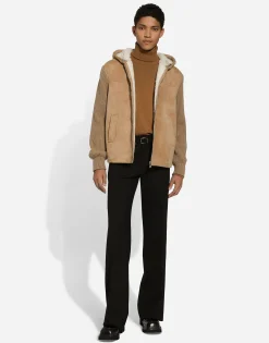 Sheepskin jacket with knit inserts and hood