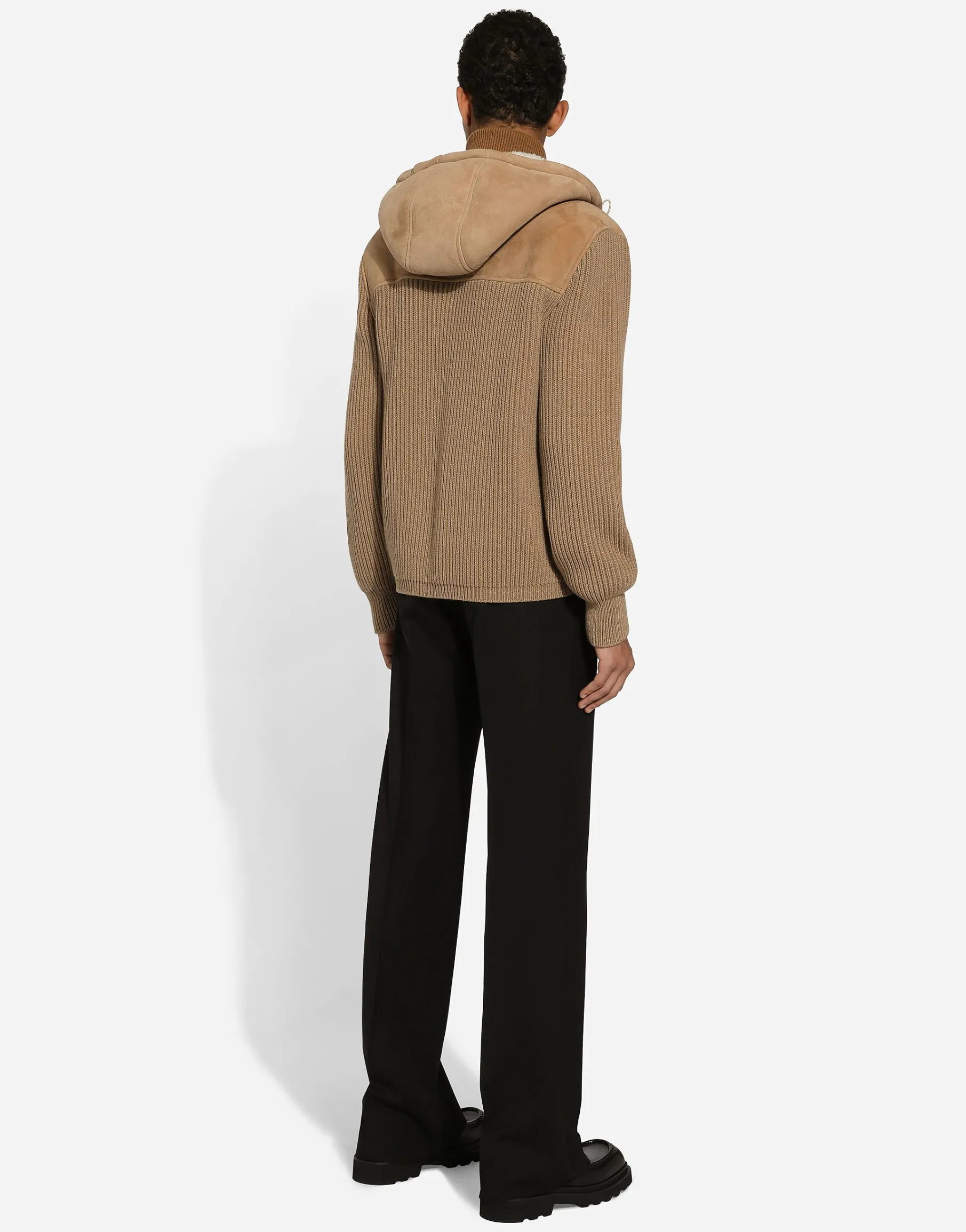 Sheepskin jacket with knit inserts and hood