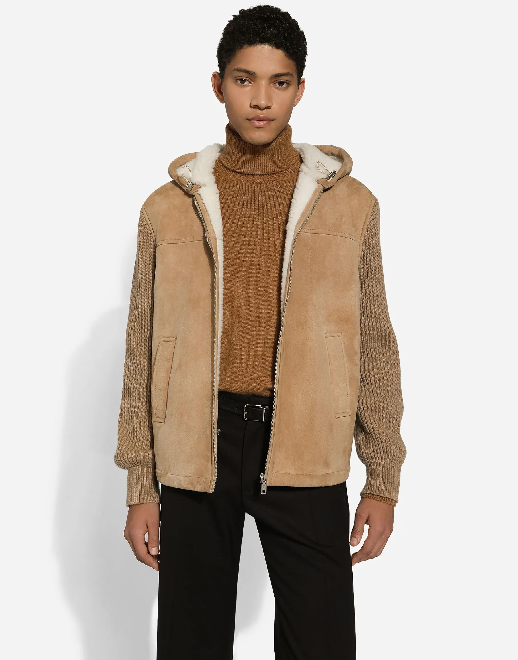 Sheepskin jacket with knit inserts and hood
