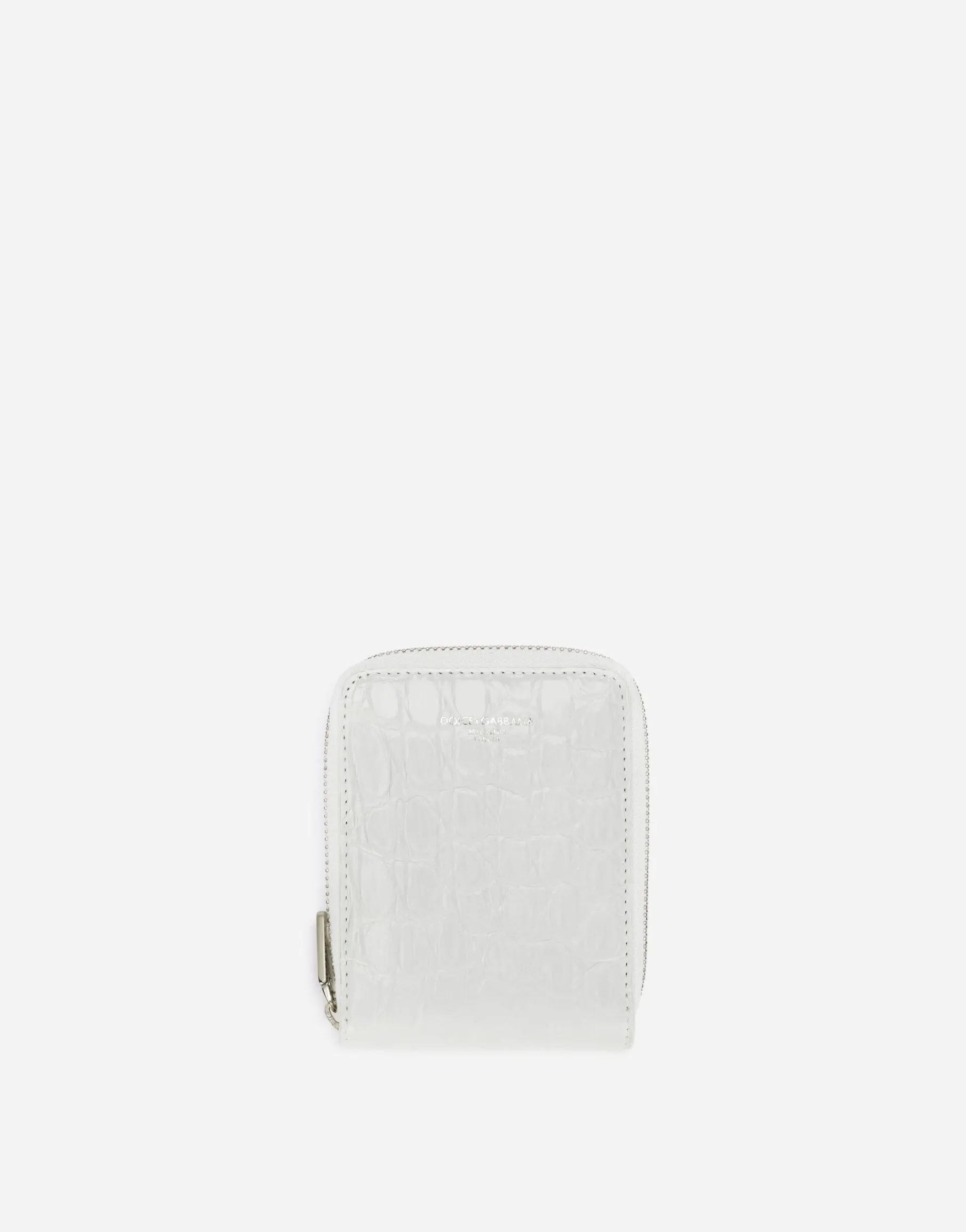 Shiny crocodile flank leather wallet with strap and heat-stamped logo