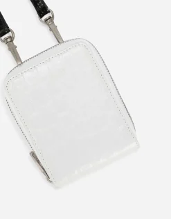 Shiny crocodile flank leather wallet with strap and heat-stamped logo