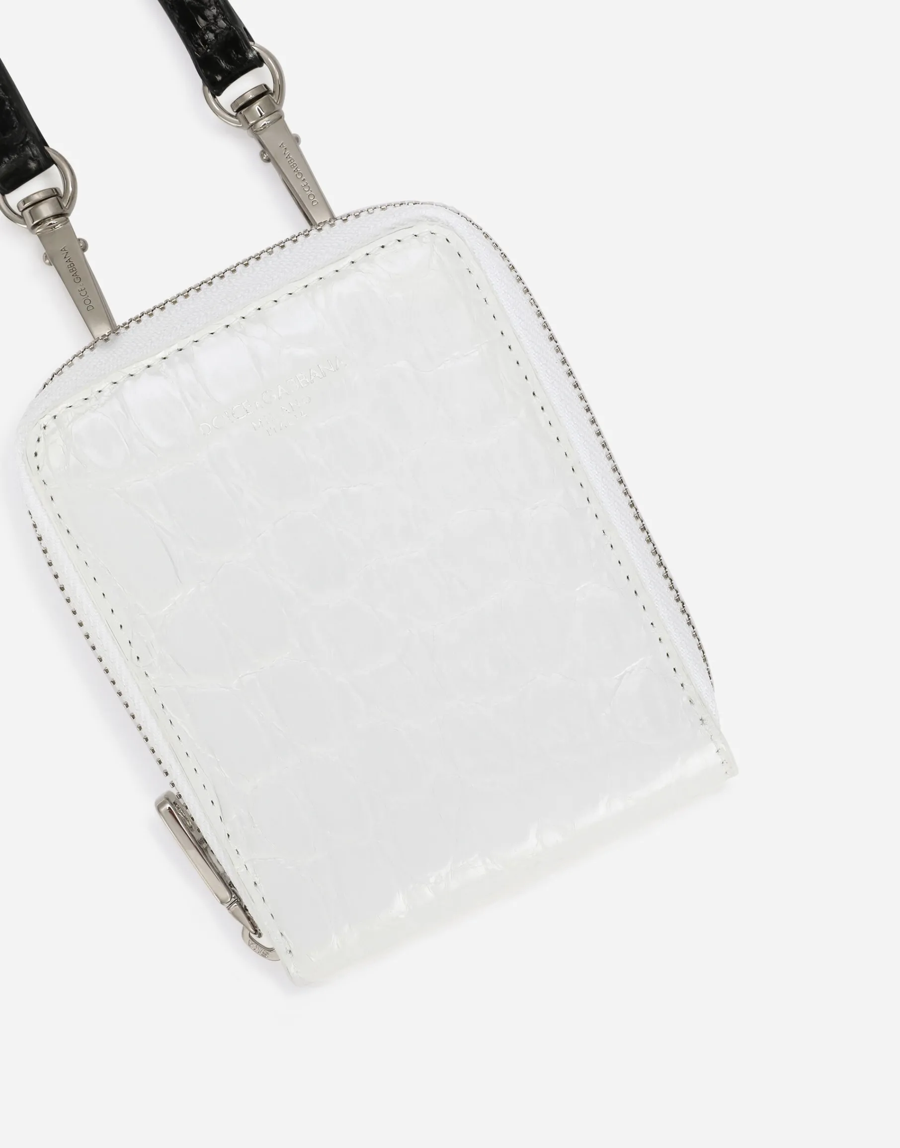 Shiny crocodile flank leather wallet with strap and heat-stamped logo
