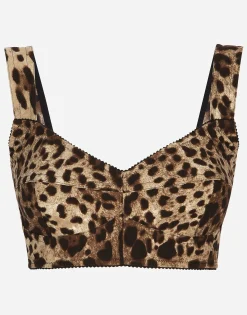 Short bustier top in charmeuse with leopard print