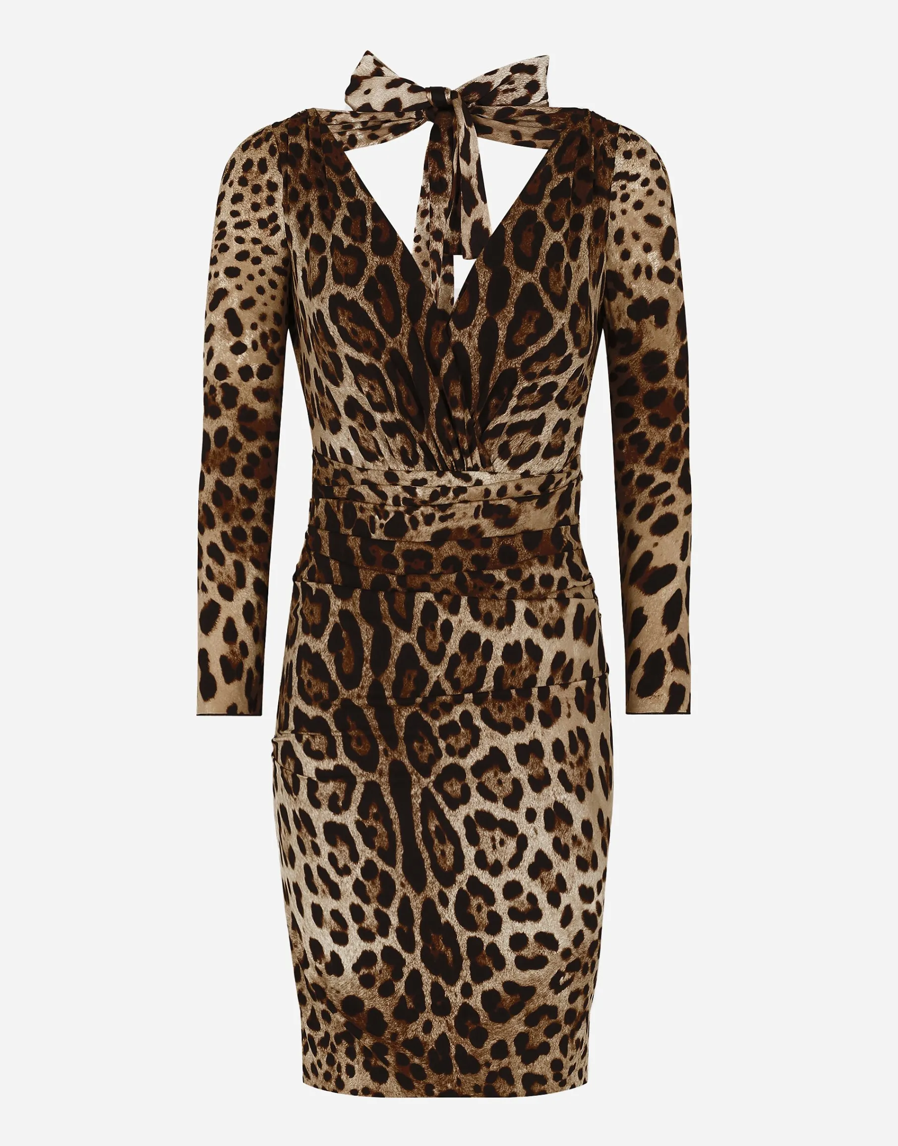 Short charmeuse dress with leopard print and tie