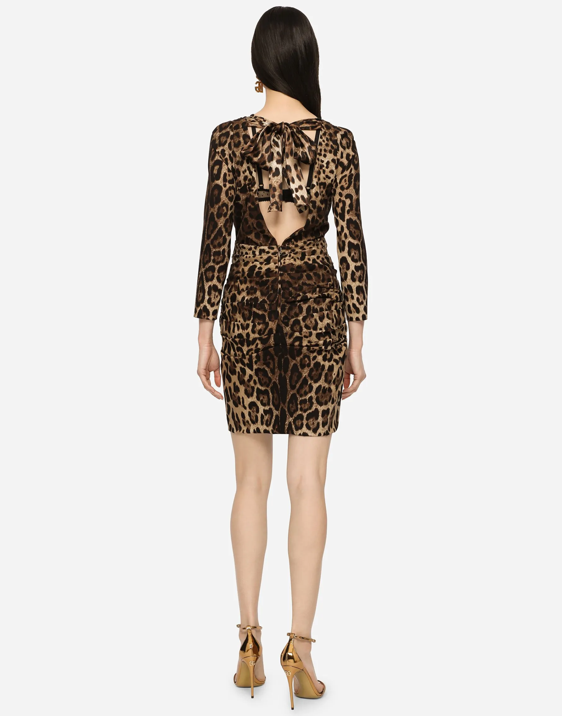 Short charmeuse dress with leopard print and tie