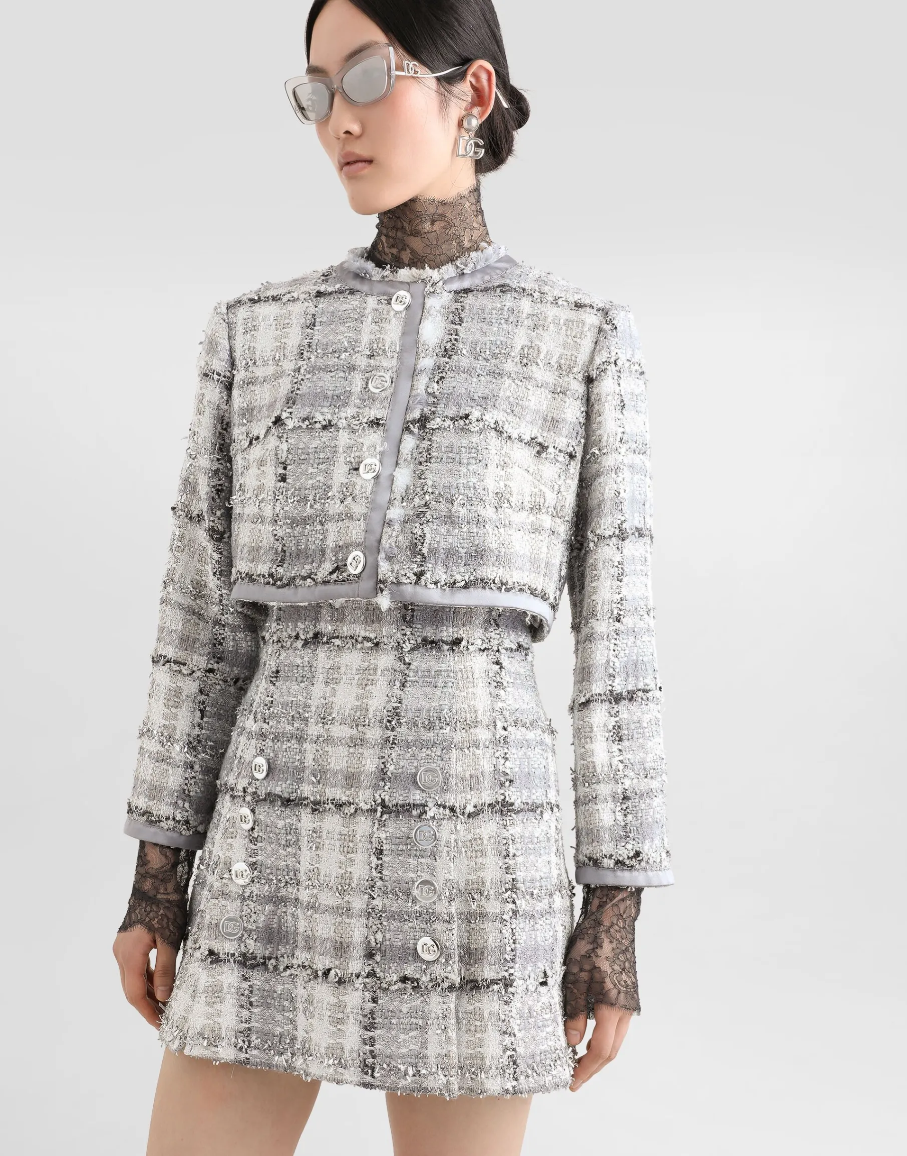Short check lurex raschel tweed jacket