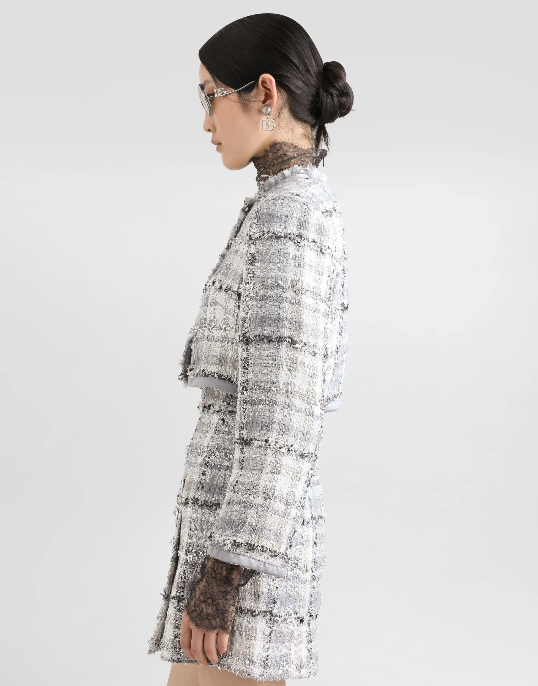 Short check lurex raschel tweed jacket