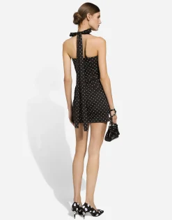 Short cotton corset dress with polka-dot print