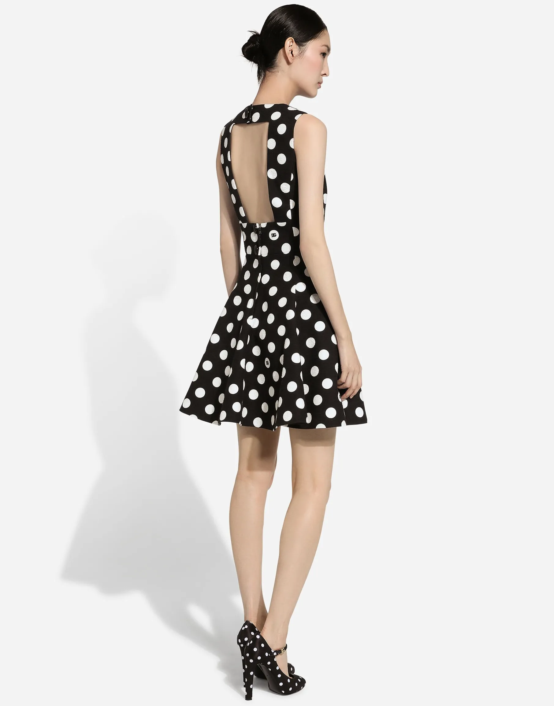 Short cotton rush-stitch brocade dress with polka-dot print