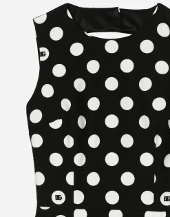Short cotton rush-stitch brocade dress with polka-dot print