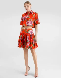 Short cotton skirt with antique rose print