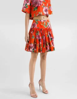 Short cotton skirt with antique rose print