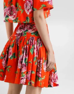 Short cotton skirt with antique rose print