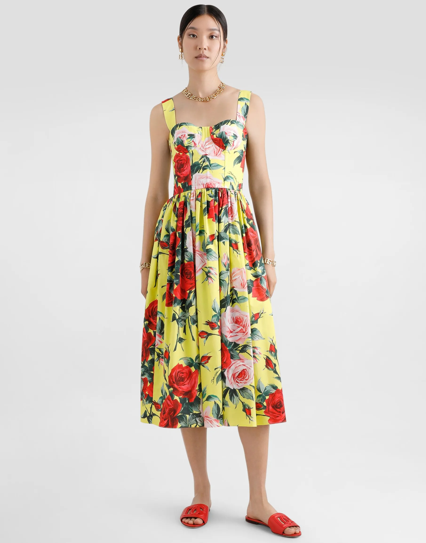 Short cotton sundress with gardenia print