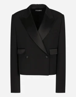 Short double-breasted wool gabardine tuxedo jacket