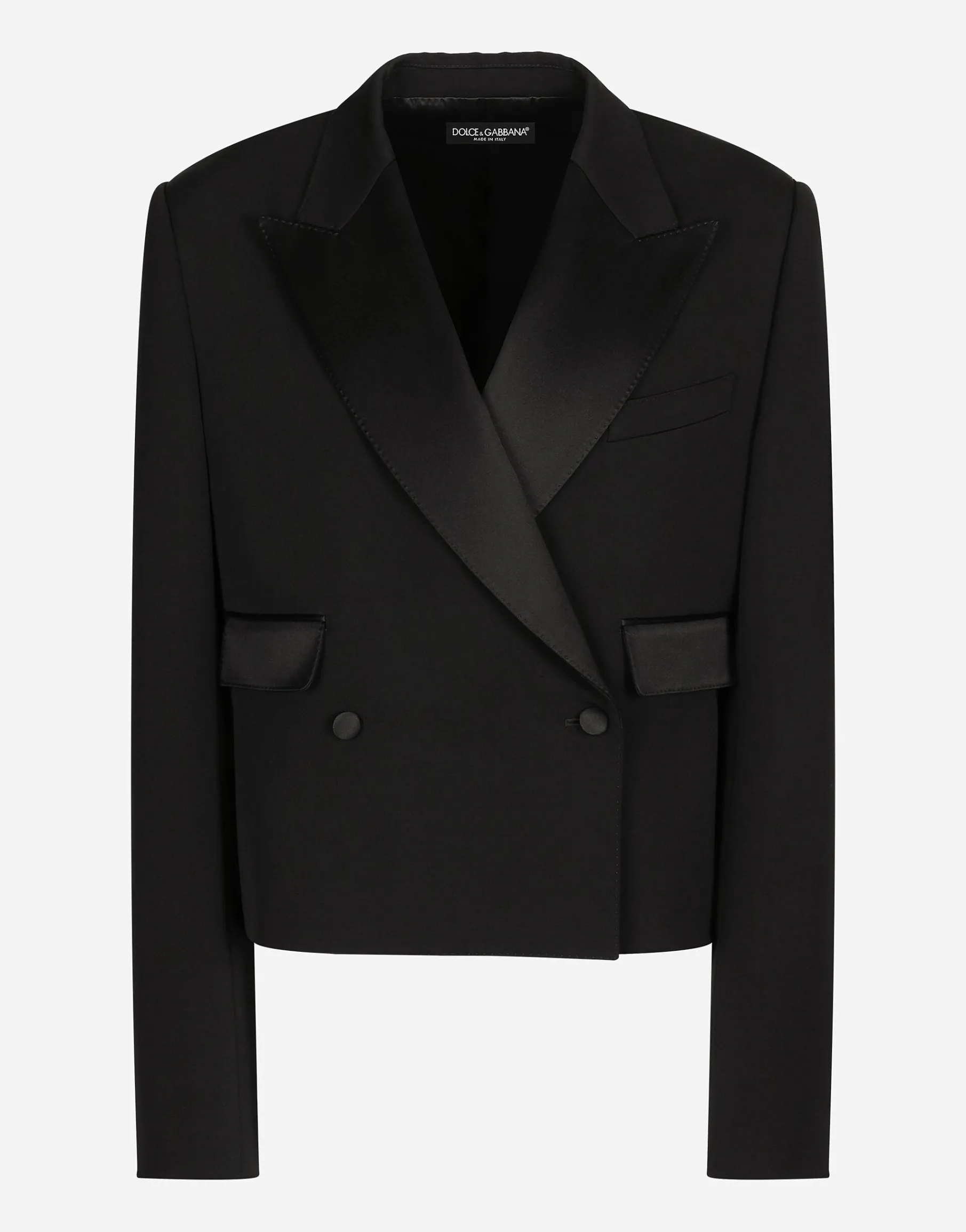 Short double-breasted wool gabardine tuxedo jacket