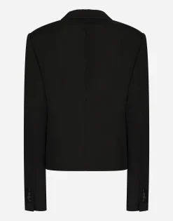 Short double-breasted wool gabardine tuxedo jacket