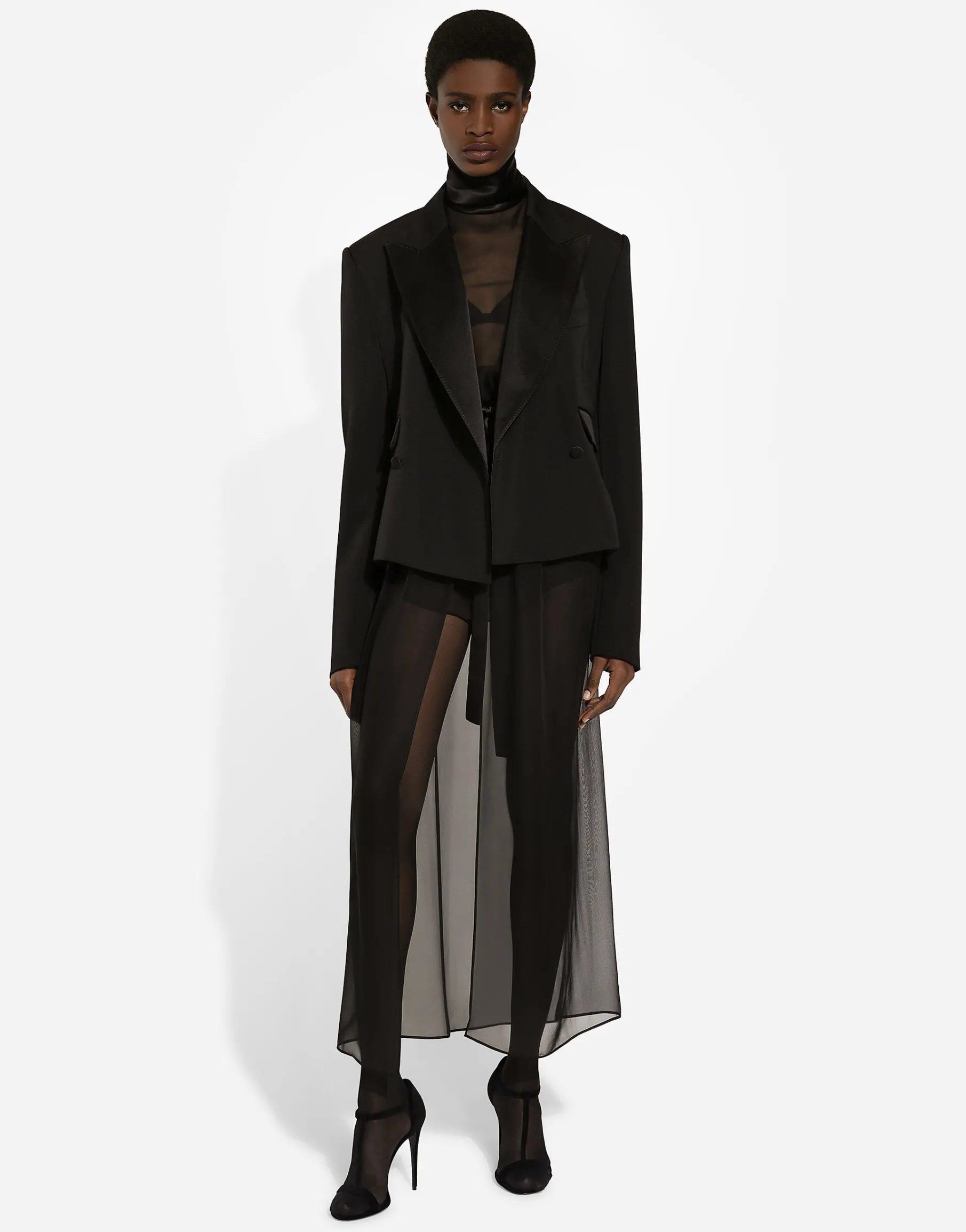 Short double-breasted wool gabardine tuxedo jacket