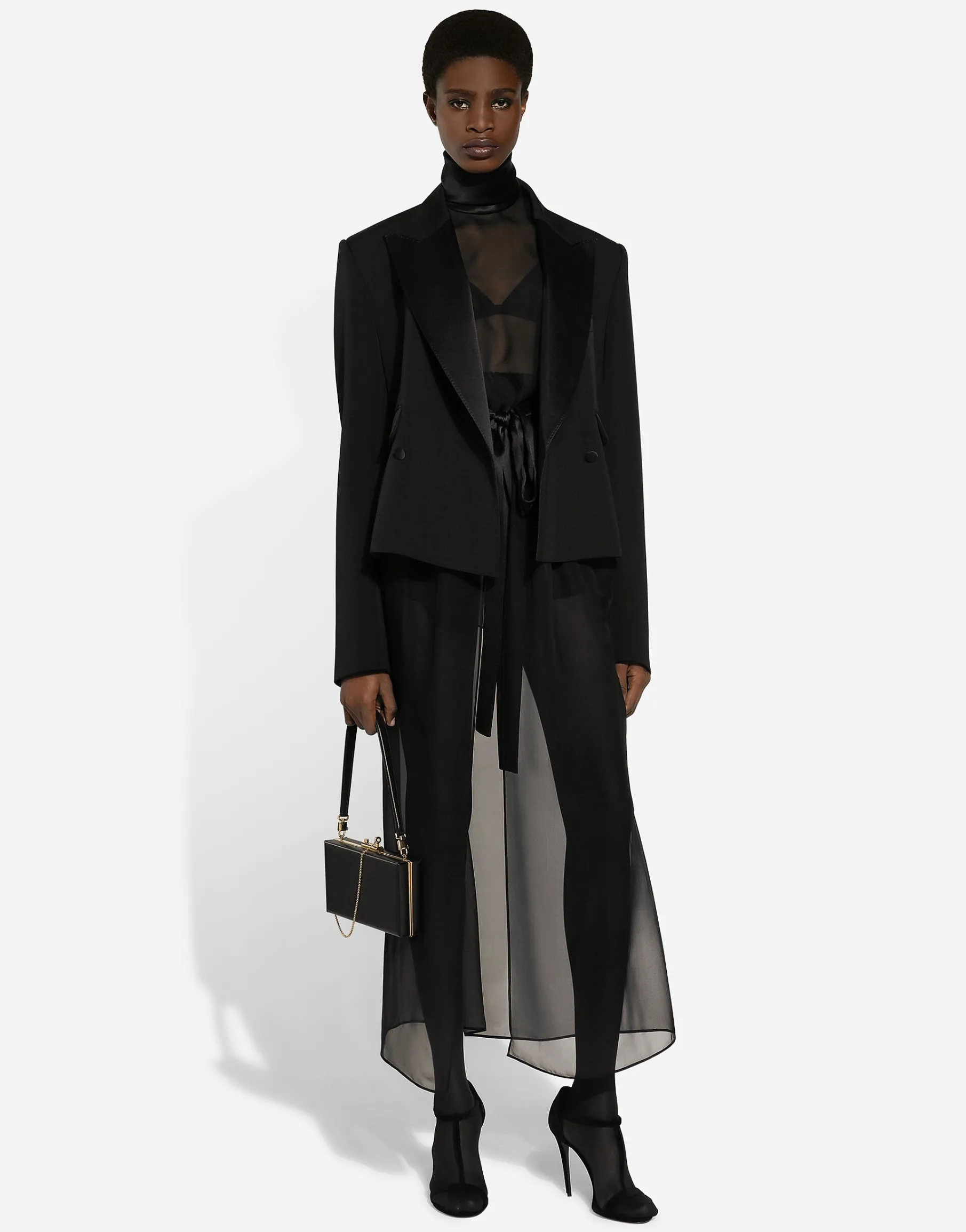 Short double-breasted wool gabardine tuxedo jacket