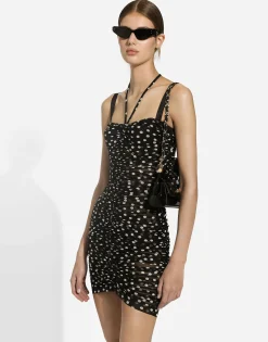 Short draped tulle dress with polka-dot print