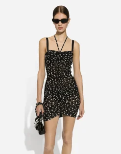 Short draped tulle dress with polka-dot print