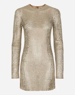 Short dress with all-over rhinestone embellishment on tulle