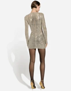Short dress with all-over rhinestone embellishment on tulle