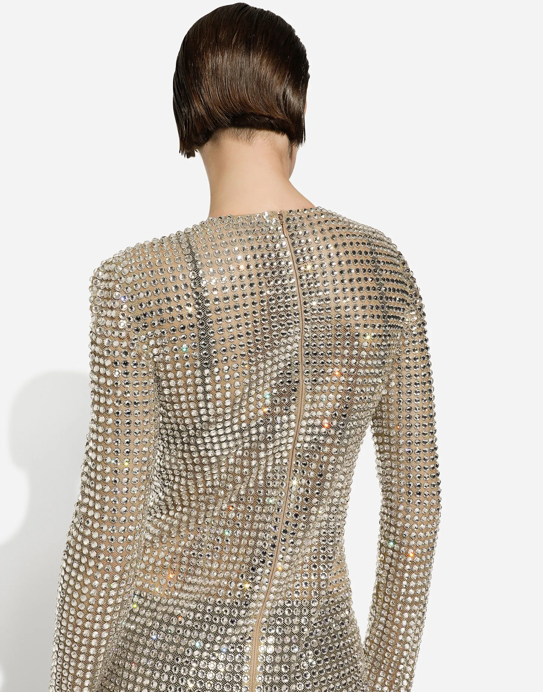 Short dress with all-over rhinestone embellishment on tulle