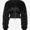 Short duchesse bomber jacket with draped sleeves