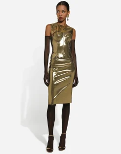 Short foiled satin corset top