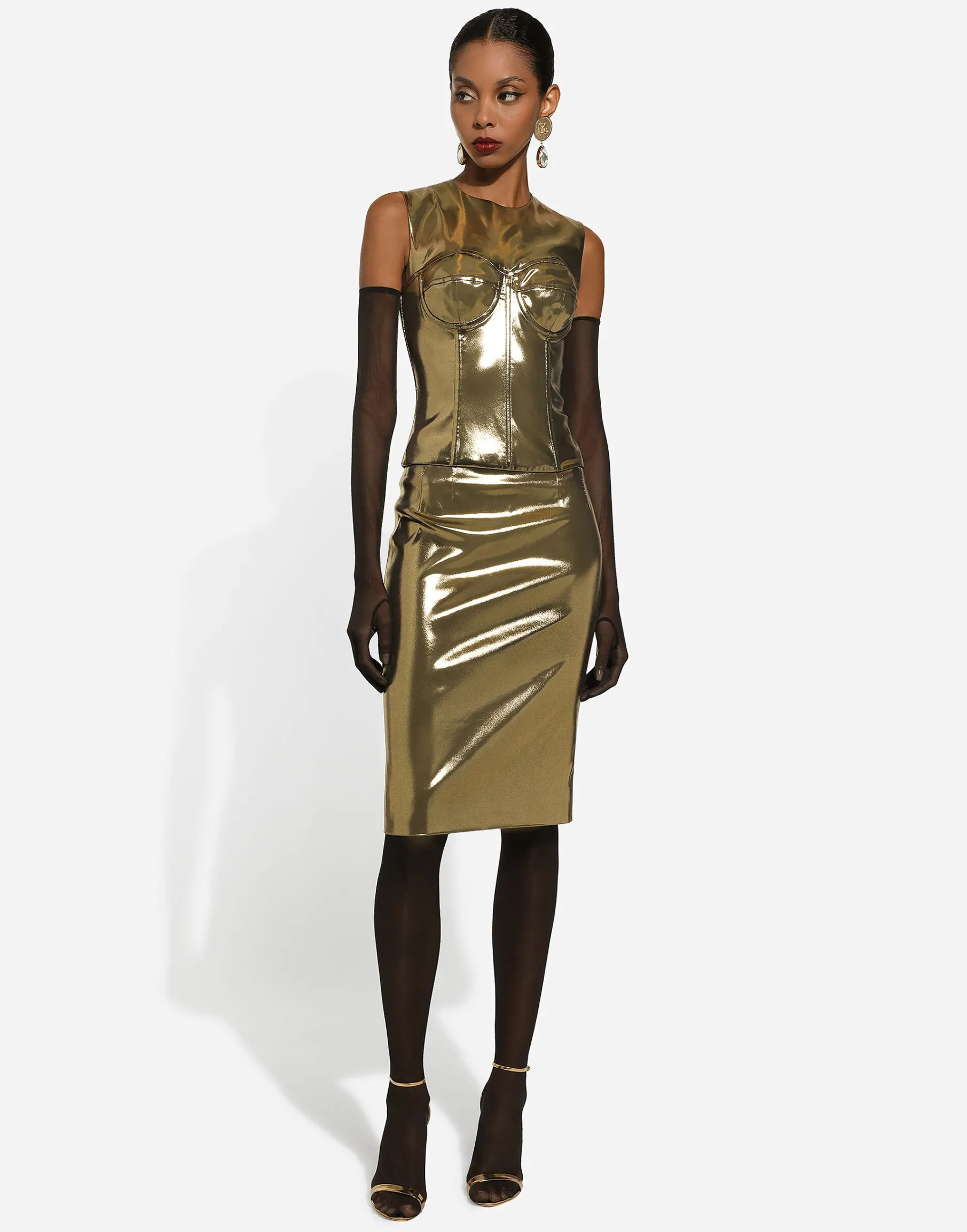 Short foiled satin corset top